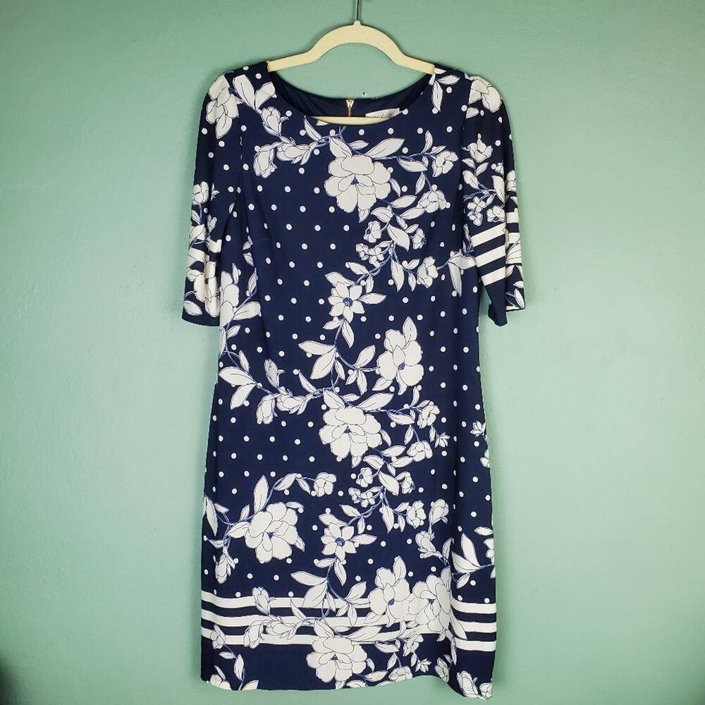 Eliza J Blue White Floral and Dot Stripe Print Shift Dress Size 8